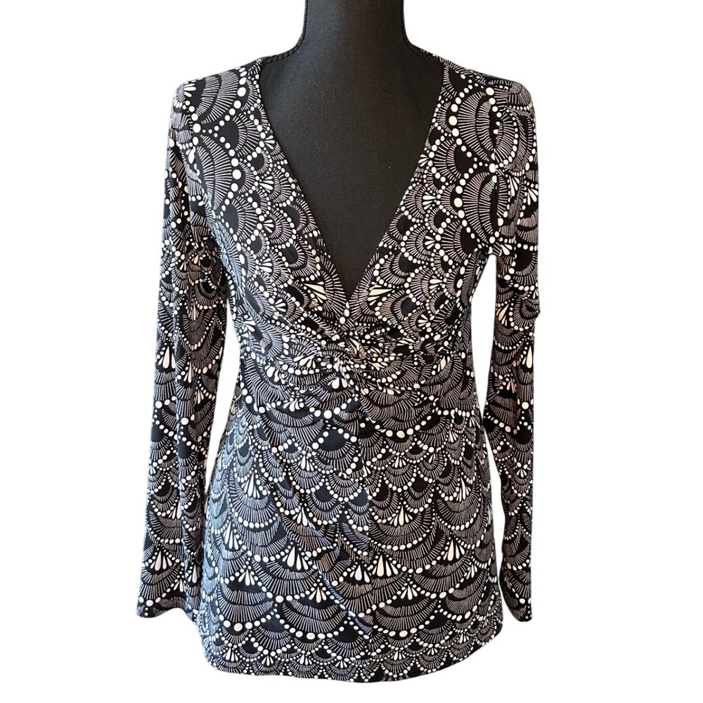 Ivy Jane Black White Geometric Tunic Top Small‎ Boho Stretch V Neck Retro